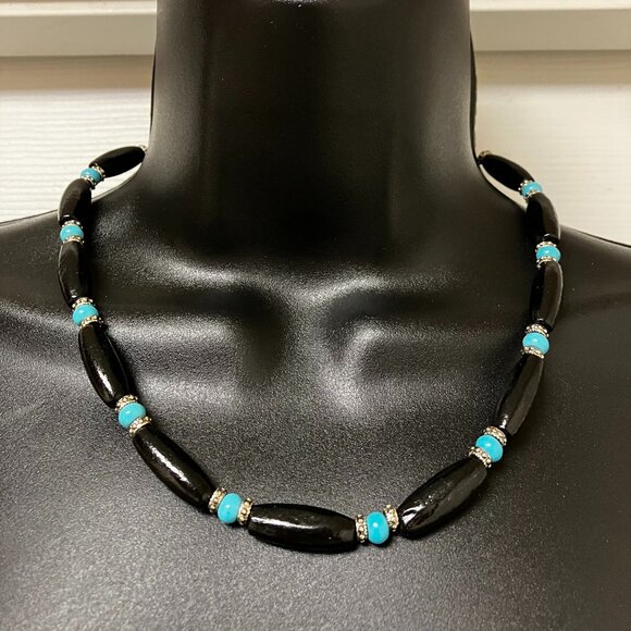 Choker Wood and Turquoise Beads 18.5 inches long Handmade Brand New - Picture 6 of 10